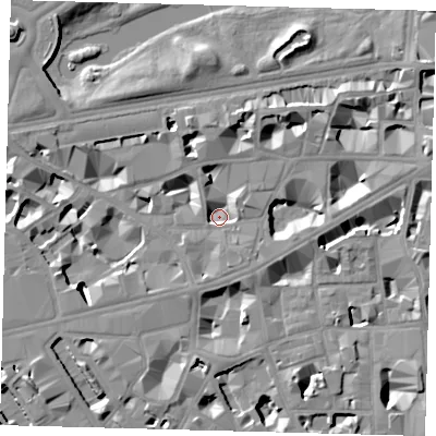 Shaded relief map of the ground around SW1H0AQ, computed from Environment Agency LiDAR. The ground here sits at about 1 m above sea level and falls 10 m across the surrounding 800 m. Surface water reaching this point runs off ground lying to the south-south-east, 3.3 m higher.