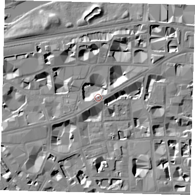 Shaded relief map of the ground around SW1H0AT, computed from Environment Agency LiDAR. The ground here sits at about 4 m above sea level and falls 8 m across the surrounding 800 m. Surface water reaching this point runs off ground lying to the north-east, 7.0 m higher.