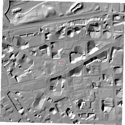Shaded relief map of the ground around SW1H0AX, computed from Environment Agency LiDAR. The ground here sits at about 4 m above sea level and falls 9 m across the surrounding 800 m. Surface water reaching this point runs off ground lying to the south, 1.3 m higher.