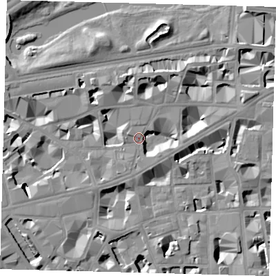 Shaded relief map of the ground around SW1H0AZ, computed from Environment Agency LiDAR. The ground here sits at about 4 m above sea level and falls 9 m across the surrounding 800 m. Surface water reaching this point runs off ground lying to the south-east, 4.9 m higher.