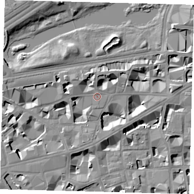 Shaded relief map of the ground around SW1H0BB, computed from Environment Agency LiDAR. The ground here sits at about 4 m above sea level and falls 9 m across the surrounding 800 m. Surface water reaching this point runs off ground lying to the north-west, 4.6 m higher.