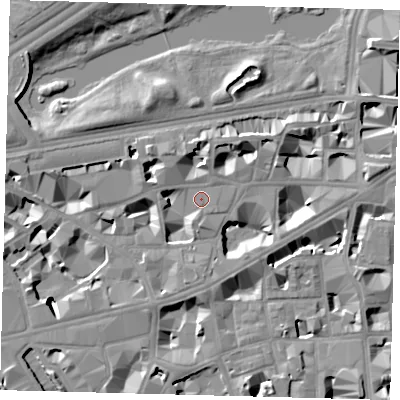 Shaded relief map of the ground around SW1H0BD, computed from Environment Agency LiDAR. The ground here sits at about 4 m above sea level and falls 9 m across the surrounding 800 m. Surface water reaching this point runs off ground lying to the south, 4.1 m higher.