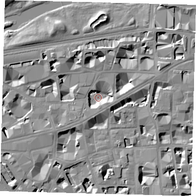 Shaded relief map of the ground around SW1H0BF, computed from Environment Agency LiDAR. The ground here sits at about 1 m above sea level and falls 9 m across the surrounding 800 m. Surface water reaching this point runs off ground lying to the north-east, 7.0 m higher.