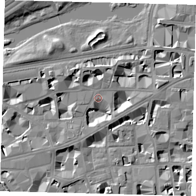 Shaded relief map of the ground around SW1H0BH, computed from Environment Agency LiDAR. The ground here sits at about 4 m above sea level and falls 9 m across the surrounding 800 m. Surface water reaching this point runs off ground lying to the east-north-east, 7.0 m higher.