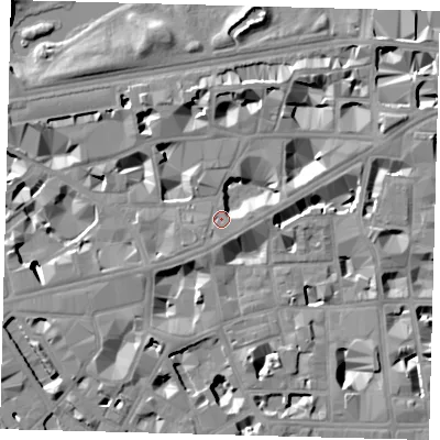 Shaded relief map of the ground around SW1H0BP, computed from Environment Agency LiDAR. The ground here sits at about 4 m above sea level and falls 9 m across the surrounding 800 m. Surface water reaching this point runs off ground lying to the north-east, 6.9 m higher.