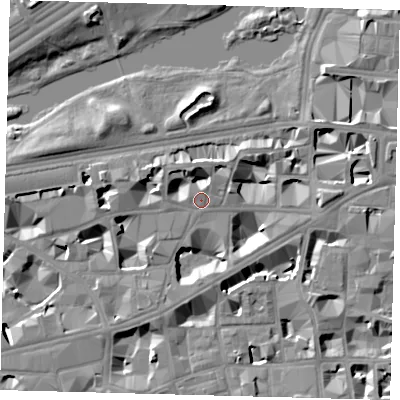 Shaded relief map of the ground around SW1H0BU, computed from Environment Agency LiDAR. The ground here sits at about 4 m above sea level and falls 11 m across the surrounding 800 m. Surface water reaching this point runs off ground lying to the west-north-west, 5.0 m higher.