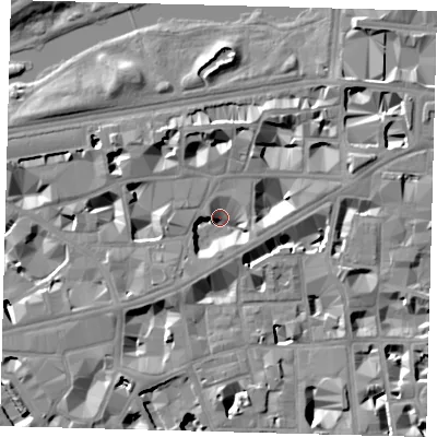 Shaded relief map of the ground around SW1H0DJ, computed from Environment Agency LiDAR. The ground here sits at about 2 m above sea level and falls 9 m across the surrounding 800 m. Surface water reaching this point runs off ground lying to the east-north-east, 7.0 m higher.