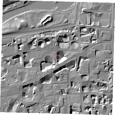 Shaded relief map of the ground around SW1H0DX, computed from Environment Agency LiDAR. The ground here sits at about 2 m above sea level and falls 8 m across the surrounding 800 m. Surface water reaching this point runs off ground lying to the north-east, 7.0 m higher.