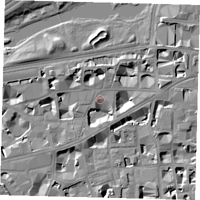 Shaded relief map of the ground around SW1H0DY, computed from Environment Agency LiDAR. The ground here sits at about 3 m above sea level and falls 9 m across the surrounding 800 m. Surface water reaching this point runs off ground lying to the east-north-east, 7.0 m higher.