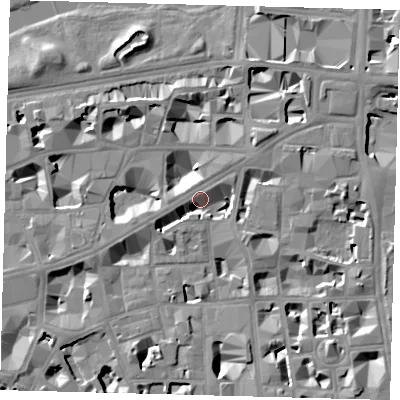 Shaded relief map of the ground around SW1H0ET, computed from Environment Agency LiDAR. The ground here sits at about 4 m above sea level and falls 10 m across the surrounding 800 m. Surface water reaching this point runs off ground lying to the south-west, 5.9 m higher.