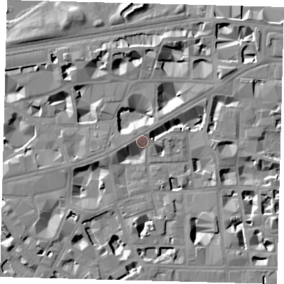 Shaded relief map of the ground around SW1H0EX, computed from Environment Agency LiDAR. The ground here sits at about 4 m above sea level and falls 8 m across the surrounding 800 m. Surface water reaching this point runs off ground lying to the south, 5.7 m higher.