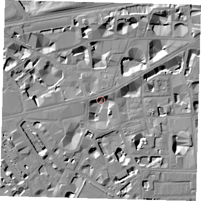 Shaded relief map of the ground around SW1H0HW, computed from Environment Agency LiDAR. The ground here sits at about 3 m above sea level and falls 9 m across the surrounding 800 m. Surface water reaching this point runs off ground lying to the west-south-west, 5.0 m higher.