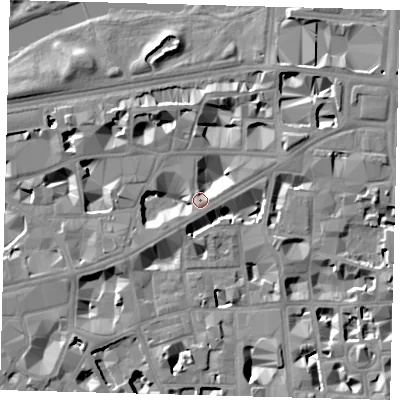 Shaded relief map of the ground around SW1H0NB, computed from Environment Agency LiDAR. The ground here sits at about 4 m above sea level and falls 8 m across the surrounding 800 m. Surface water reaching this point runs off ground lying to the north-east, 7.0 m higher.