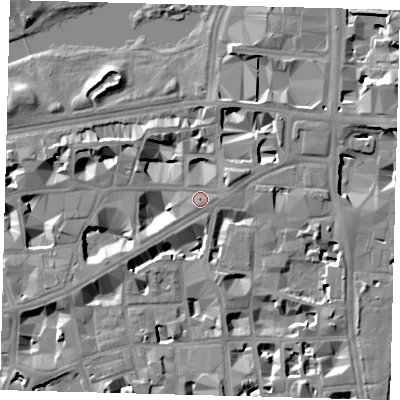 Shaded relief map of the ground around SW1H0ND, computed from Environment Agency LiDAR. The ground here sits at about 4 m above sea level and falls 10 m across the surrounding 800 m. Surface water reaching this point runs off ground lying to the south-west, 1.4 m higher.