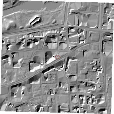 Shaded relief map of the ground around SW1H0NE, computed from Environment Agency LiDAR. The ground here sits at about 4 m above sea level and falls 10 m across the surrounding 800 m. Surface water reaching this point runs off ground lying to the north-east, 4.1 m higher.