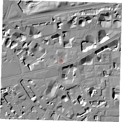 Shaded relief map of the ground around SW1H0NP, computed from Environment Agency LiDAR. The ground here sits at about 4 m above sea level and falls 9 m across the surrounding 800 m. Surface water reaching this point runs off ground lying to the east, 3.2 m higher.