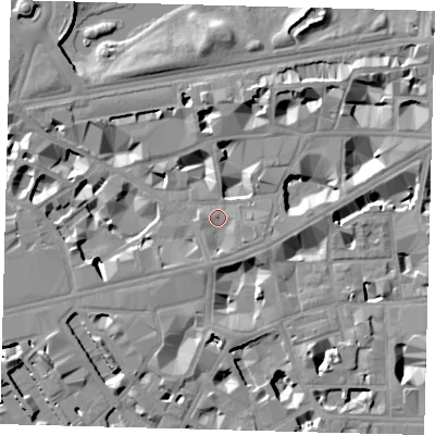 Shaded relief map of the ground around SW1H0PH, computed from Environment Agency LiDAR. The ground here sits at about 4 m above sea level and falls 10 m across the surrounding 800 m. Surface water reaching this point runs off ground lying to the south-east, 3.2 m higher.