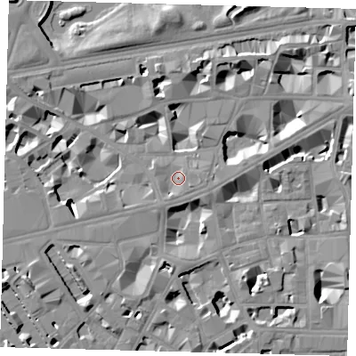 Shaded relief map of the ground around SW1H0PT, computed from Environment Agency LiDAR. The ground here sits at about 4 m above sea level and falls 10 m across the surrounding 800 m. Surface water reaching this point runs off ground lying to the east-south-east, 3.2 m higher.