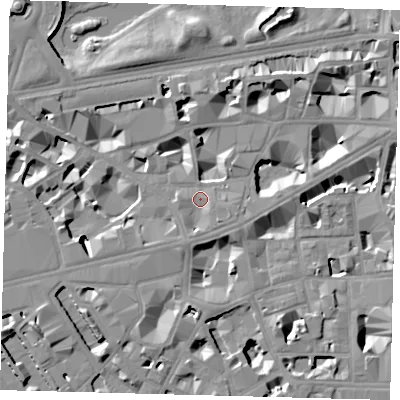Shaded relief map of the ground around SW1H0PX, computed from Environment Agency LiDAR. The ground here sits at about 4 m above sea level and falls 10 m across the surrounding 800 m. Surface water reaching this point runs off ground lying to the south-east, 3.2 m higher.