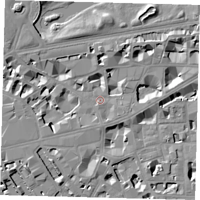 Shaded relief map of the ground around SW1H0PY, computed from Environment Agency LiDAR. The ground here sits at about 4 m above sea level and falls 10 m across the surrounding 800 m. Surface water reaching this point runs off ground lying to the south, 4.0 m higher.