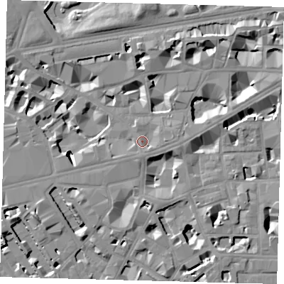Shaded relief map of the ground around SW1H0QD, computed from Environment Agency LiDAR. The ground here sits at about 4 m above sea level and falls 9 m across the surrounding 800 m. Surface water reaching this point runs off ground lying to the east, 3.2 m higher.