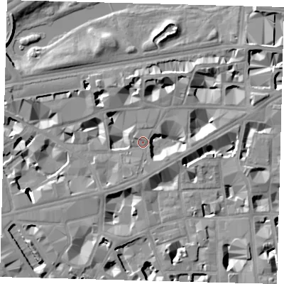 Shaded relief map of the ground around SW1H0QE, computed from Environment Agency LiDAR. The ground here sits at about 4 m above sea level and falls 9 m across the surrounding 800 m. Surface water reaching this point runs off ground lying to the south, 5.3 m higher.