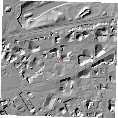 Shaded relief map of the ground around SW1H0QS, computed from Environment Agency LiDAR. The ground here sits at about 4 m above sea level and falls 10 m across the surrounding 800 m. Surface water reaching this point runs off ground lying to the south, 4.0 m higher.