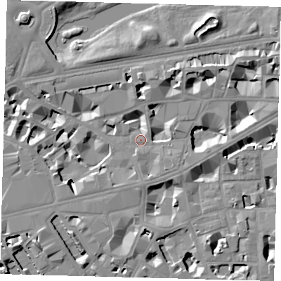 Shaded relief map of the ground around SW1H0QU, computed from Environment Agency LiDAR. The ground here sits at about 4 m above sea level and falls 10 m across the surrounding 800 m. Surface water reaching this point runs off ground lying to the south, 4.0 m higher.