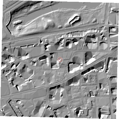 Shaded relief map of the ground around SW1H0QW, computed from Environment Agency LiDAR. The ground here sits at about 3 m above sea level and falls 9 m across the surrounding 800 m. Surface water reaching this point runs off ground lying to the west-south-west, 7.8 m higher.