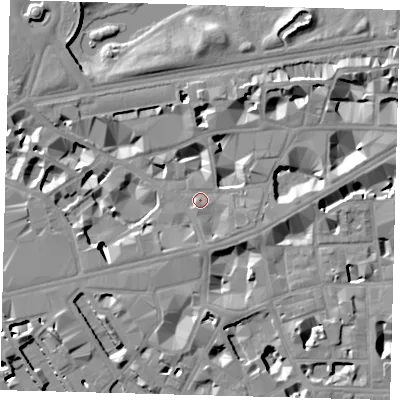 Shaded relief map of the ground around SW1H0RH, computed from Environment Agency LiDAR. The ground here sits at about 4 m above sea level and falls 10 m across the surrounding 800 m. Surface water reaching this point runs off ground lying to the south-east, 3.2 m higher.