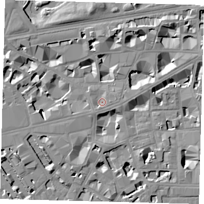 Shaded relief map of the ground around SW1H0TL, computed from Environment Agency LiDAR. The ground here sits at about 4 m above sea level and falls 9 m across the surrounding 800 m. Surface water reaching this point runs off ground lying to the east, 3.2 m higher.