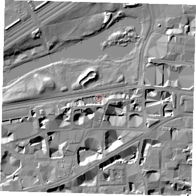 Shaded relief map of the ground around SW1H9AA, computed from Environment Agency LiDAR. The ground here sits at about 3 m above sea level and falls 10 m across the surrounding 800 m. Surface water reaching this point runs off ground lying to the west-north-west, 5.4 m higher.
