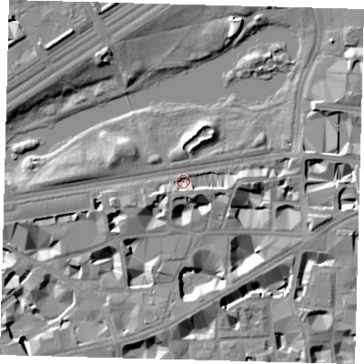 Shaded relief map of the ground around SW1H9AB, computed from Environment Agency LiDAR. The ground here sits at about 3 m above sea level and falls 11 m across the surrounding 800 m. Surface water reaching this point runs off ground lying to the west-south-west, 5.1 m higher.