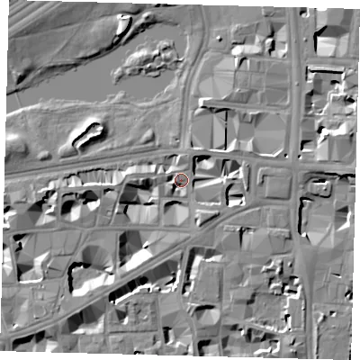 Shaded relief map of the ground around SW1H9AH, computed from Environment Agency LiDAR. The ground here sits at about 4 m above sea level and falls 10 m across the surrounding 800 m. Surface water reaching this point runs off ground lying to the east-north-east, 7.0 m higher.