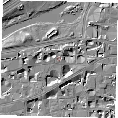 Shaded relief map of the ground around SW1H9BL, computed from Environment Agency LiDAR. The ground here sits at about 4 m above sea level and falls 10 m across the surrounding 800 m. Surface water reaching this point runs off ground lying to the west, 5.0 m higher.