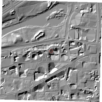Shaded relief map of the ground around SW1H9BP, computed from Environment Agency LiDAR. The ground here sits at about 4 m above sea level and falls 10 m across the surrounding 800 m. Surface water reaching this point runs off ground lying to the west, 5.4 m higher.