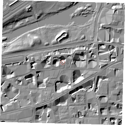 Shaded relief map of the ground around SW1H9DJ, computed from Environment Agency LiDAR. The ground here sits at about 3 m above sea level and falls 11 m across the surrounding 800 m. Surface water reaching this point runs off ground lying to the west, 5.0 m higher.