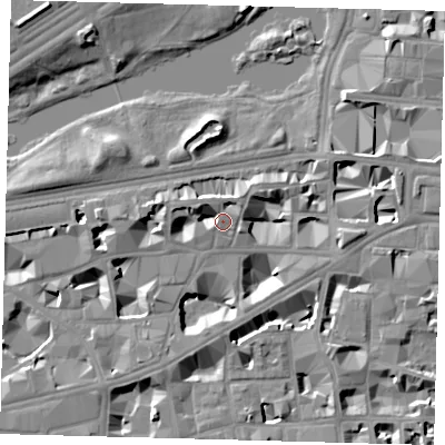 Shaded relief map of the ground around SW1H9DP, computed from Environment Agency LiDAR. The ground here sits at about 4 m above sea level and falls 10 m across the surrounding 800 m. Surface water reaching this point runs off ground lying to the west, 5.0 m higher.