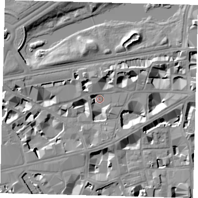 Shaded relief map of the ground around SW1H9EA, computed from Environment Agency LiDAR. The ground here sits at about 3 m above sea level and falls 10 m across the surrounding 800 m. Surface water reaching this point runs off ground lying to the west, 7.8 m higher.