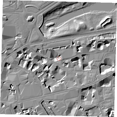 Shaded relief map of the ground around SW1H9ET, computed from Environment Agency LiDAR. The ground here sits at about 2 m above sea level and falls 12 m across the surrounding 800 m. Surface water reaching this point runs off ground lying to the west-north-west, 10.9 m higher.