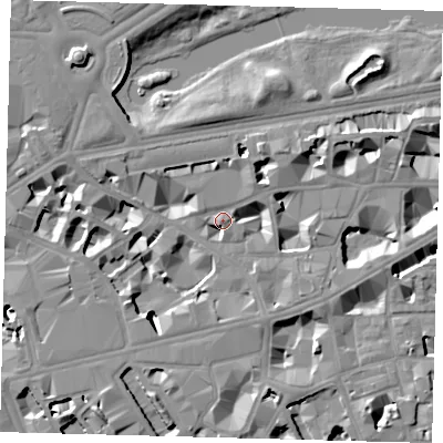 Shaded relief map of the ground around SW1H9EU, computed from Environment Agency LiDAR. The ground here sits at about 4 m above sea level and falls 12 m across the surrounding 800 m. Surface water reaching this point runs off ground lying to the west, 8.1 m higher.