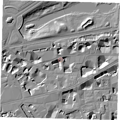 Shaded relief map of the ground around SW1H9EX, computed from Environment Agency LiDAR. The ground here sits at about 4 m above sea level and falls 10 m across the surrounding 800 m. Surface water reaching this point runs off ground lying to the west-south-west, 7.9 m higher.