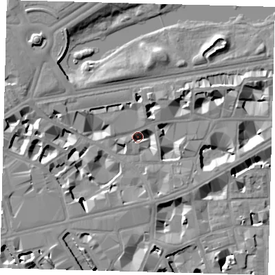 Shaded relief map of the ground around SW1H9HE, computed from Environment Agency LiDAR. The ground here sits at about 2 m above sea level and falls 10 m across the surrounding 800 m. Surface water reaching this point runs off ground lying to the west-south-west, 7.9 m higher.