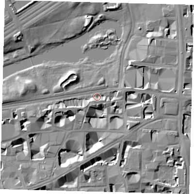 Shaded relief map of the ground around SW1H9HP, computed from Environment Agency LiDAR. The ground here sits at about 3 m above sea level and falls 10 m across the surrounding 800 m. Surface water reaching this point runs off ground lying to the south-south-west, 3.7 m higher.