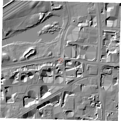 Shaded relief map of the ground around SW1H9JH, computed from Environment Agency LiDAR. The ground here sits at about 5 m above sea level and falls 10 m across the surrounding 800 m. Surface water reaching this point runs off ground lying to the west-south-west, 3.4 m higher.