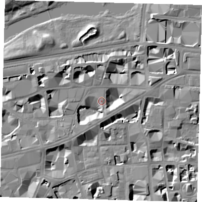 Shaded relief map of the ground around SW1H9JY, computed from Environment Agency LiDAR. The ground here sits at about 4 m above sea level and falls 8 m across the surrounding 800 m. Surface water reaching this point runs off ground lying to the east-north-east, 7.0 m higher.
