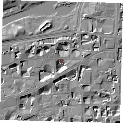 Shaded relief map of the ground around SW1H9LL, computed from Environment Agency LiDAR. The ground here sits at about 2 m above sea level and falls 8 m across the surrounding 800 m. Surface water reaching this point runs off ground lying to the east-north-east, 7.0 m higher.