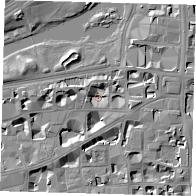 Shaded relief map of the ground around SW1H9NA, computed from Environment Agency LiDAR. The ground here sits at about 1 m above sea level and falls 9 m across the surrounding 800 m. Surface water reaching this point runs off ground lying to the east-north-east, 7.0 m higher.