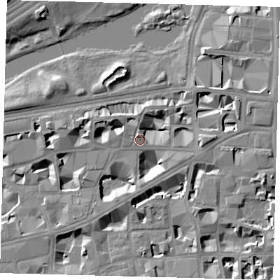 Shaded relief map of the ground around SW1H9NB, computed from Environment Agency LiDAR. The ground here sits at about 4 m above sea level and falls 10 m across the surrounding 800 m. Surface water reaching this point runs off ground lying to the east-north-east, 7.0 m higher.