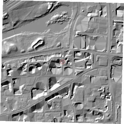 Shaded relief map of the ground around SW1H9NE, computed from Environment Agency LiDAR. The ground here sits at about 4 m above sea level and falls 10 m across the surrounding 800 m. Surface water reaching this point runs off ground lying to the east-north-east, 7.0 m higher.
